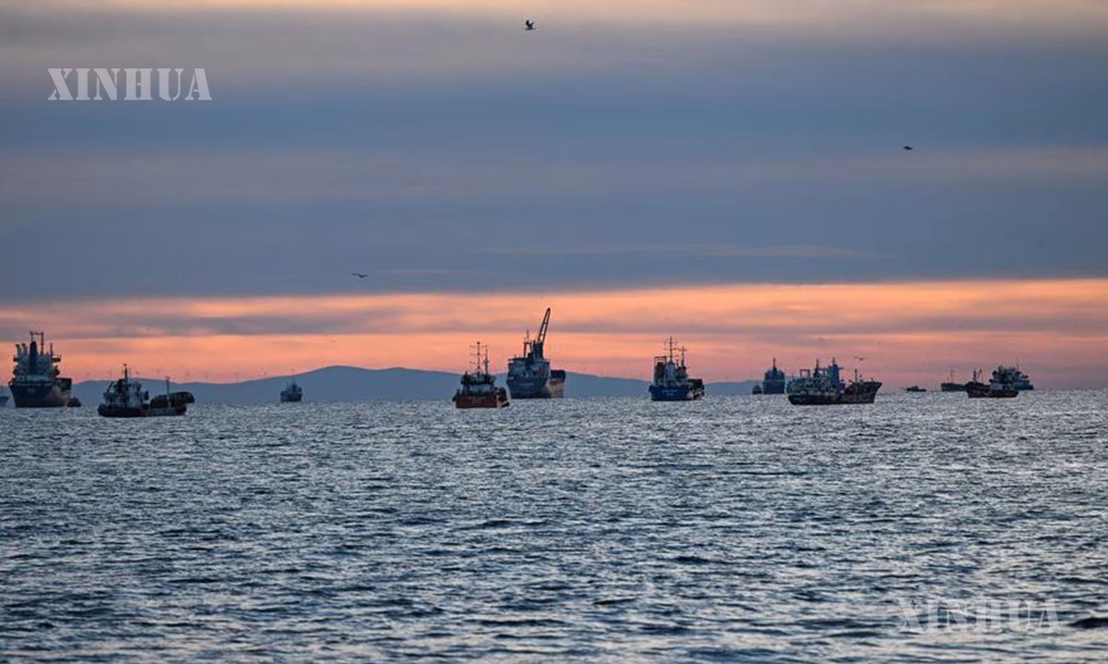 Bosphorus နှင့် Dardanelles ရေလက်ကြားတို့မှတစ်ဆင့် ပင်လယ်နက်နှင့် အေဂျီယံပင်လယ်တို့ကို ဆက်သွယ်ပေးထားသော ကုန်းတွင်းပိတ်ပင်လယ်ဖြစ်သည့် Marmara ပင်လယ်တွင် သင်္ဘောများကို တွေ့ရစဉ် (ဆင်ဟွာ)
